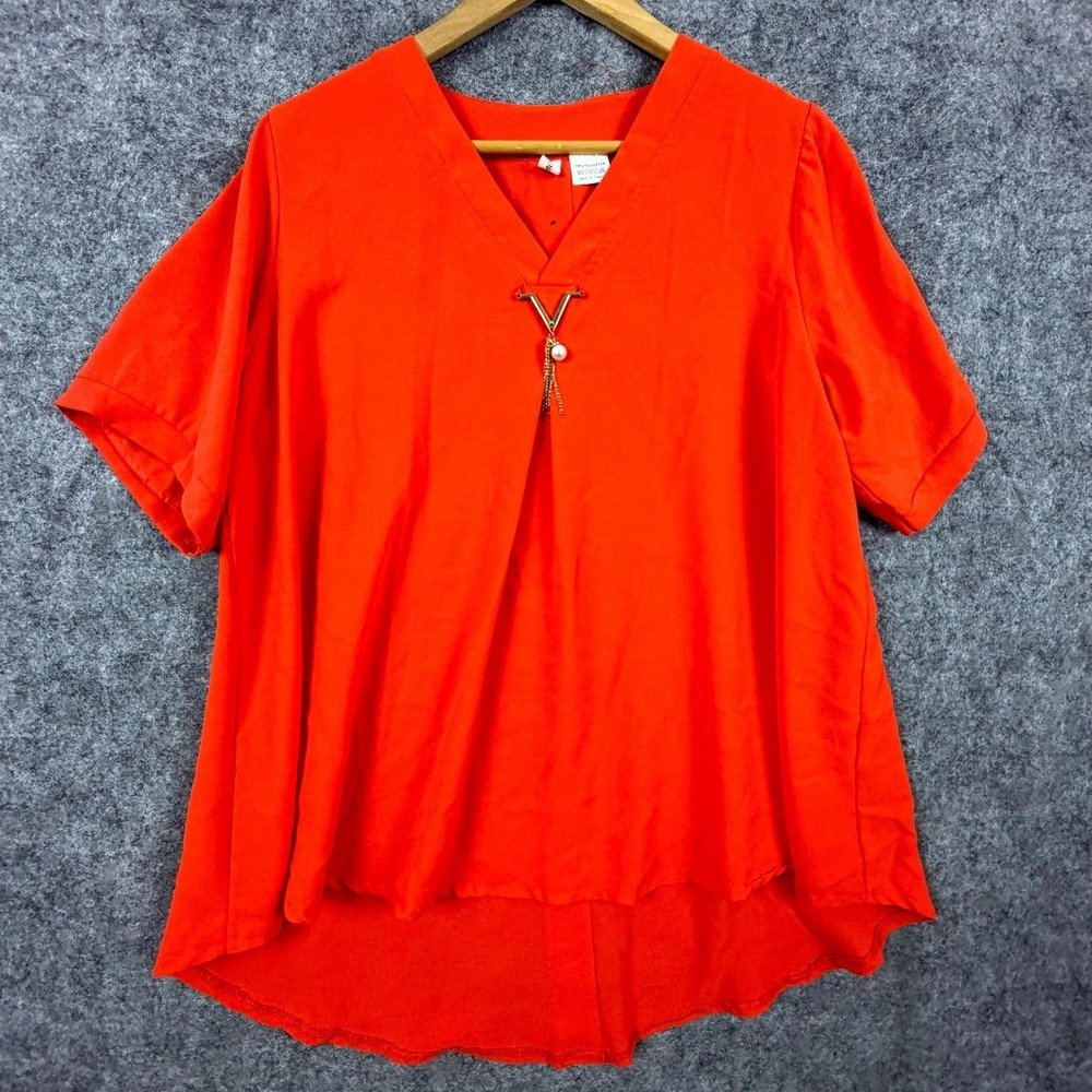 Womens Blouse Top Orange High Low Hem Back Button Metal Accent Office Chic Flowy